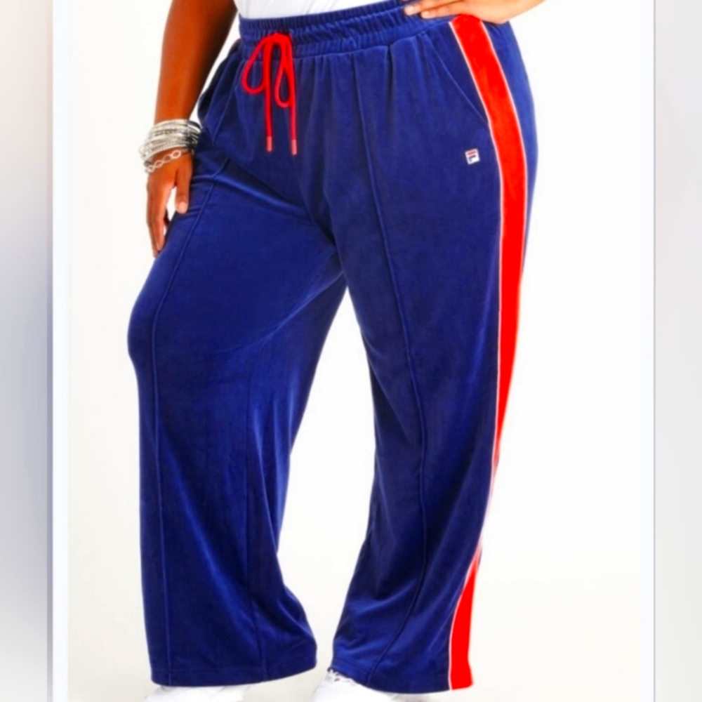 Fila Women's Plus Velour Track Pants in Navy with Red Stripe